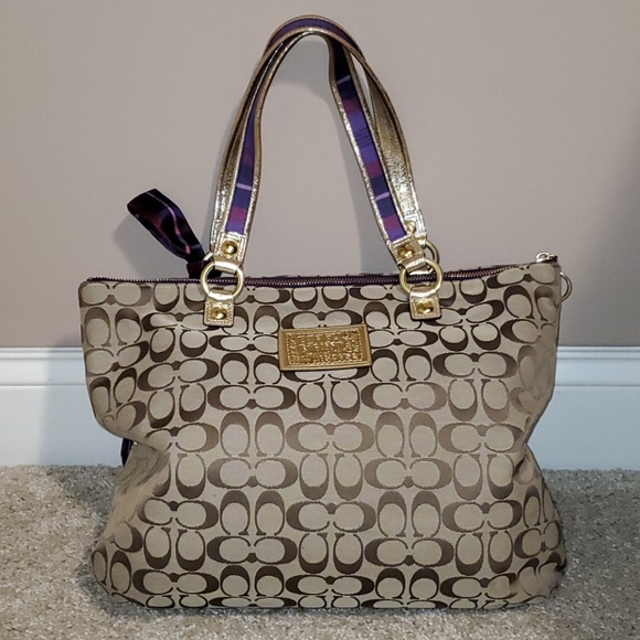 Coach Beige/Plum Canvas Poppy Tartan Glam Tote - Picture 3 of 11